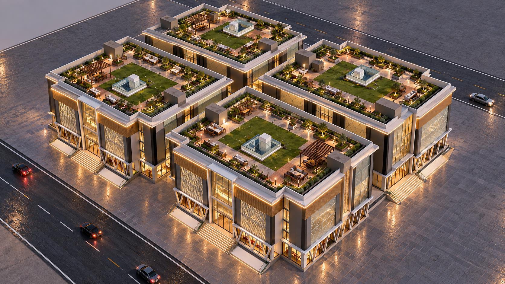 Aerial view with rooftop gardens