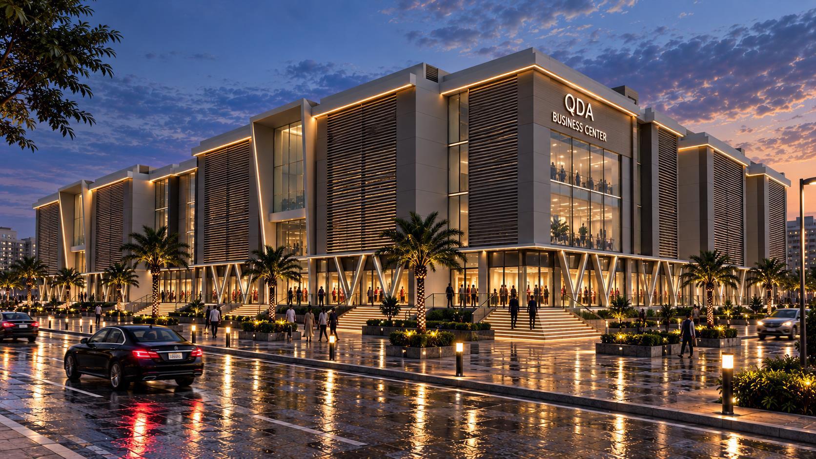 QDA Business Center exterior at blue hour