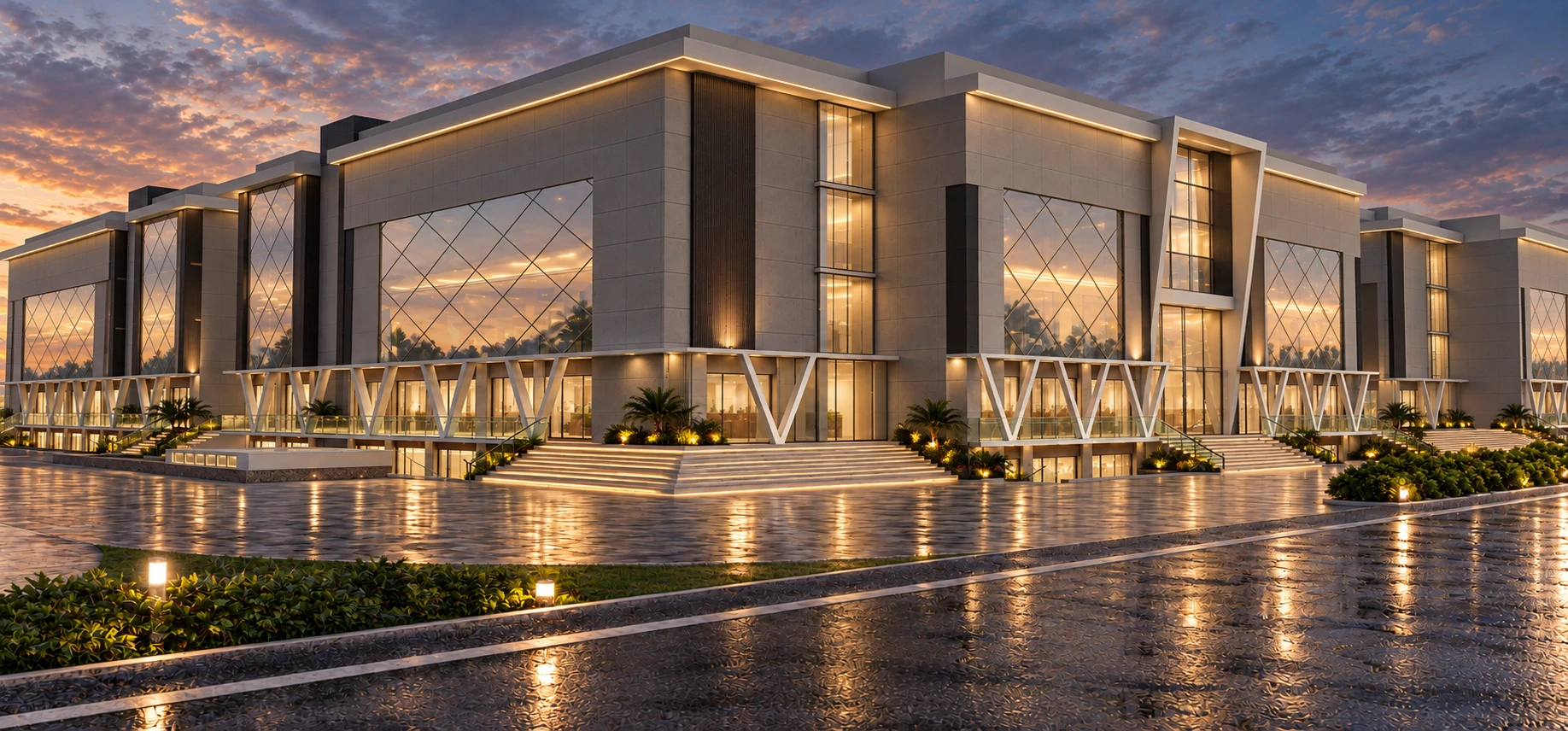 QDA Business Center — street corner at twilight