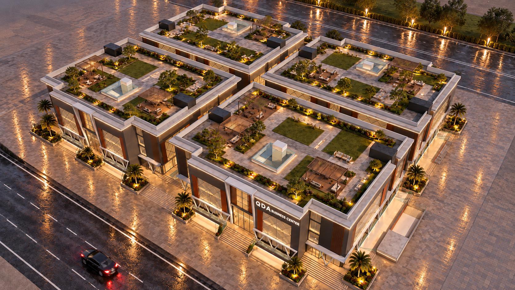 QDA Business Center — aerial view with rooftop gardens